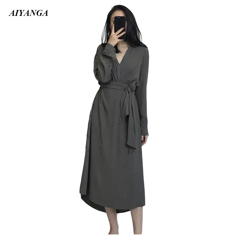 Elegant Vintage Dress Women Long Sleeve Dresses 2019 Spring With Sashes V Neck Casual Fashion S M L XL | Женская одежда