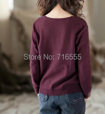 

free shipping spring autumn cotton embroidery full length sleever casual pullovers v-neck female tops loose blue purple xty0404