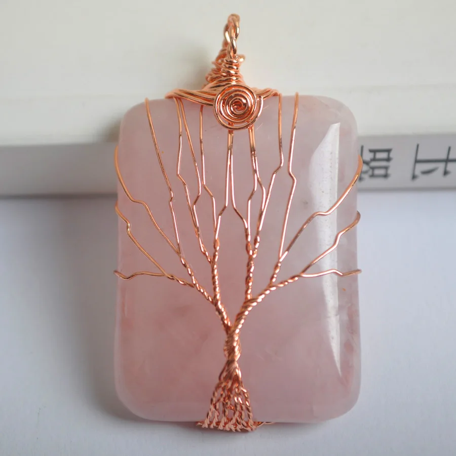 Pink Crystal Золотой цвет "Древо жизни" проволочный обертывание прямоугольник ручной работы натуральный камень ожерелье из розовых кристаллов кулон 1 шт K2036 - Окраска металла: Pink Crystal