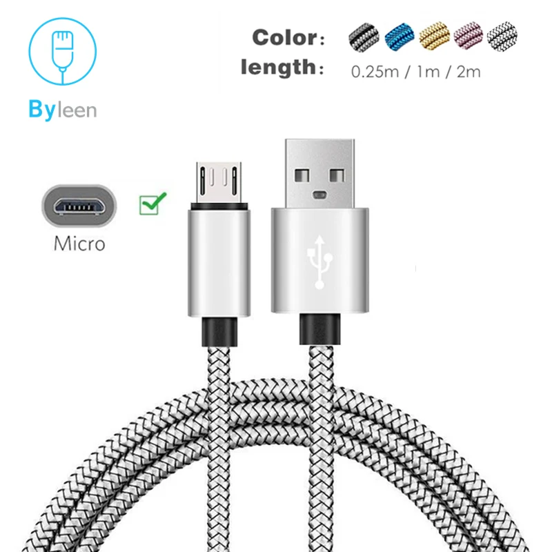 Серебристый Micro usb кабель для зарядки, кабель для передачи данных, шнур для зарядки Android, 1/2 метров, Usb кабель, кабель для Xiaomi Redmi 4 Note 6 5 Pro, samsung S7 S6 - Цвет: Серебристый