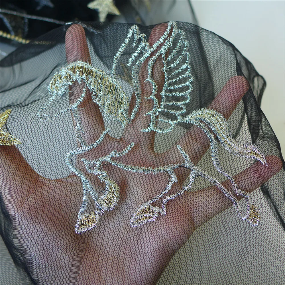 120cm Wide 3 Yards Star Horse Moon With Gold Silver Thread Mesh African Lace Fabric In Navy Blue/Champagne For Bridal Gowns | Дом и сад