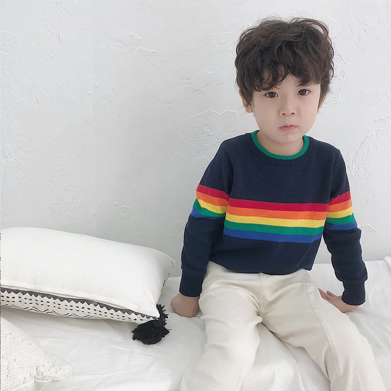 Dark blue sweater Платье для маленьких девочек 2-6 лет; трикотажное платье-свитер с радугой для маленьких мальчиков; свитера с радугой для мальчиков и девочек; пуловер с рисунком; одежда для детей - Цвет: Dark blue sweater