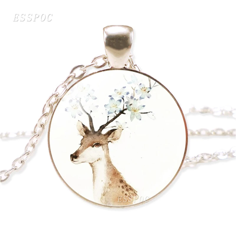 Handcrafted Elk Necklace Time Lovely Sika Deer Chain Pendant Glass Dome Cabochon Fashion Jewelry Gift for Girl | Украшения и