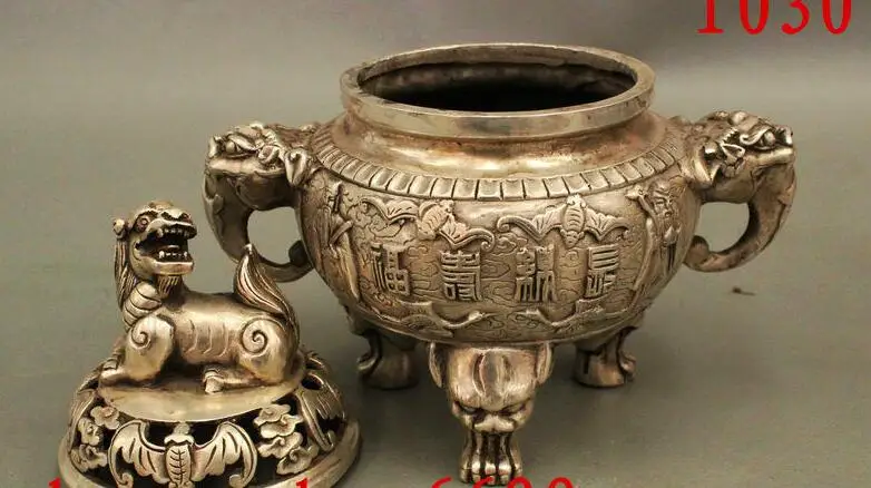 Chinese Silver Bat Beast Lion Head Longevity God Statue Incense Burner Censer | Дом и сад