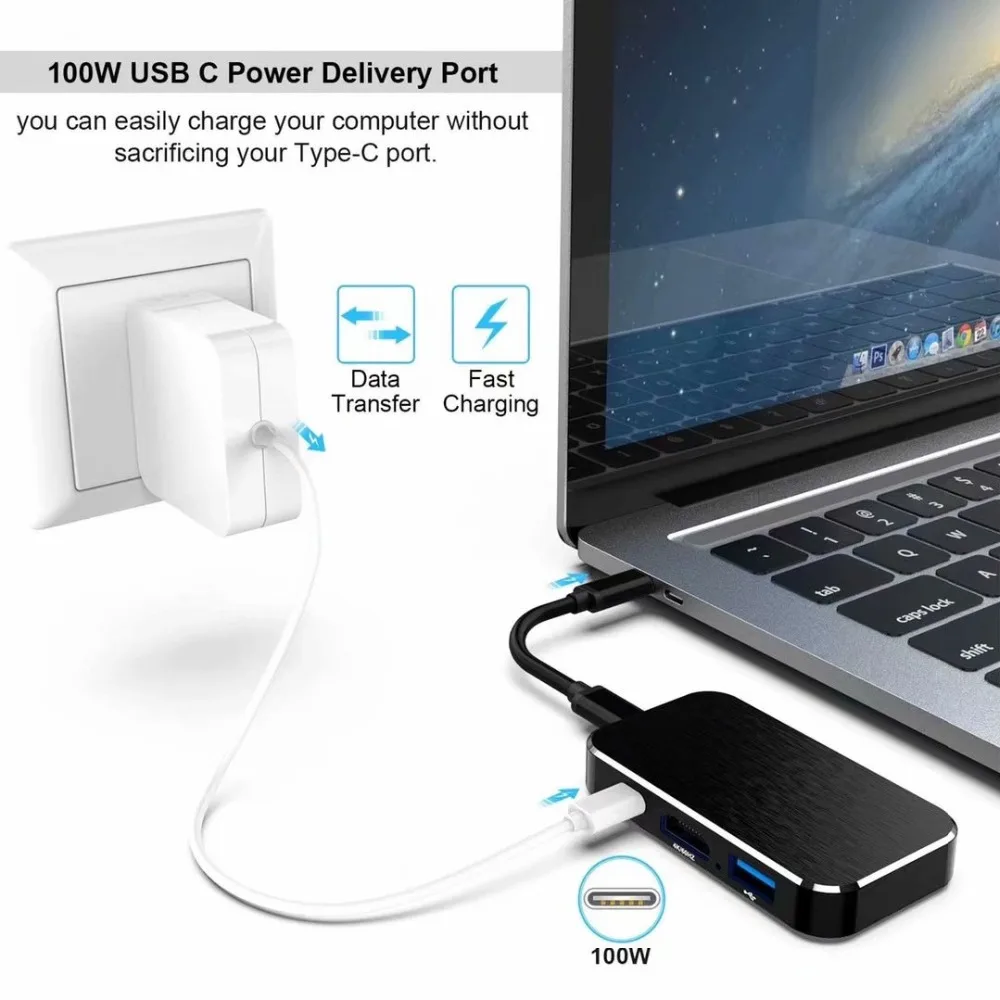 Адаптер HDMI Hub 4K 60 Гц концентратор 5 в 1 Type C стандартная мощность 100 Вт 3 порта USB 0 для