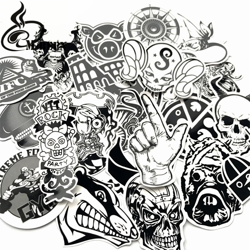 60 Pcs Black and White Stickers Graffiti Sticker for Laptop Skateboard Luggage Guitar Brand Cool Punk PVC Waterproof | Игрушки и хобби