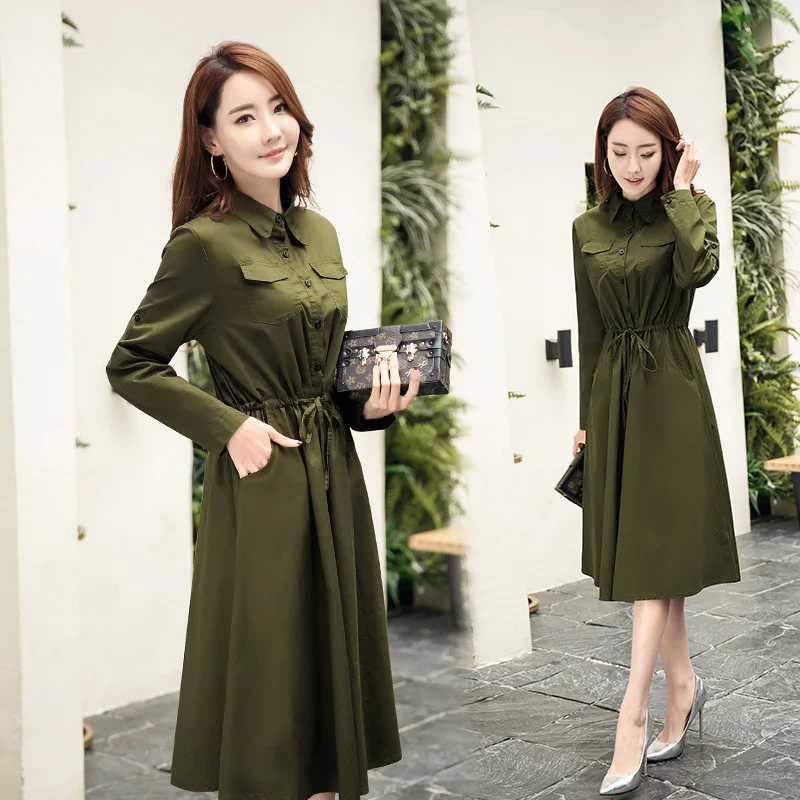 Сезон весна осень С поясом блузка рубашка платье для женщин Сплошной Цвет