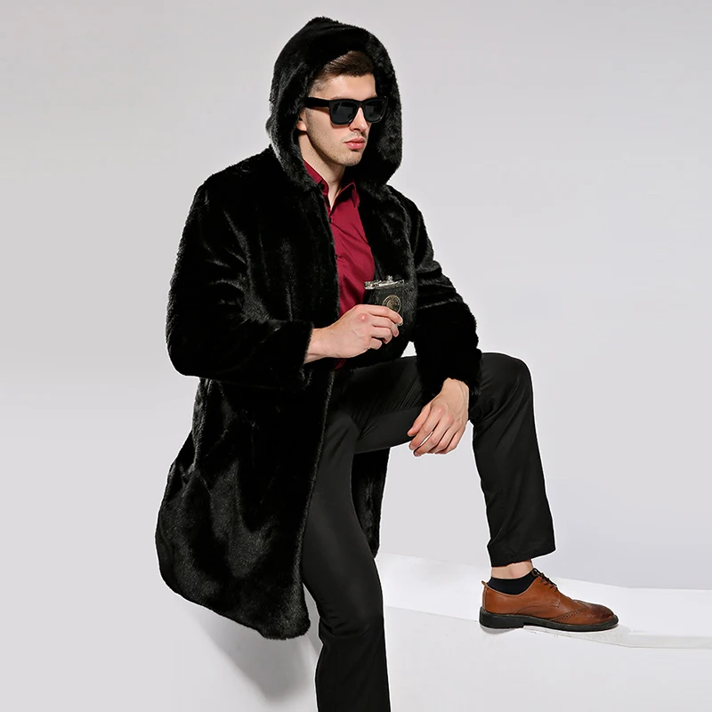 Мужская длинная куртка из искусственного меха с капюшоном парка искусственной