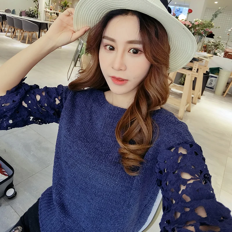 

Autumn Fashion Lace Sleeve Hollow Out Knit Sweater Women Knitted Pullovers Basic Jumper Blusas O Neck Tops Nice Spring