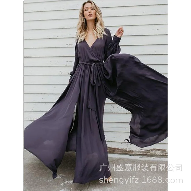 Женское винтажное платье макси с длинным рукавом V образным вырезом и