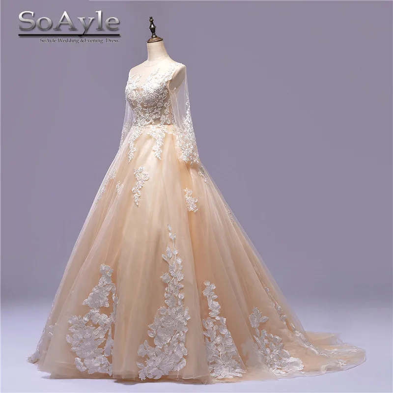 

SoAyle O Neck Wedding Dresses Elegant Appliques Zipper Up Three Quarter Sleeve robe de mariage vestido de noiva Ball Gown