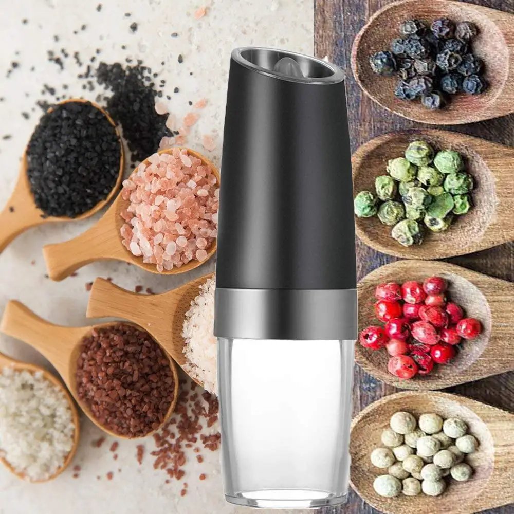 Premium Gravity Electric Salt and Pepper Grinder Set of 2 Battery Powered Shakers Automatic One Hand Mills with L