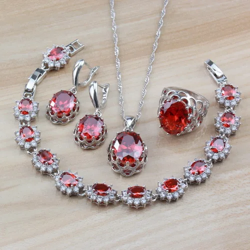 4PCS 925 серебряные свадебные 4 шт Ювелирные наборы для женщин костюм красный гранат, циркон висячие серьги/ожерелье/браслет и кольцо наборы - Окраска металла: 4PCS