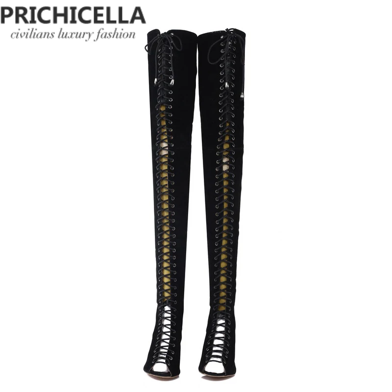 Женские ботфорты с открытым носком PRICHICELLA красные черные Коричневые Высокие