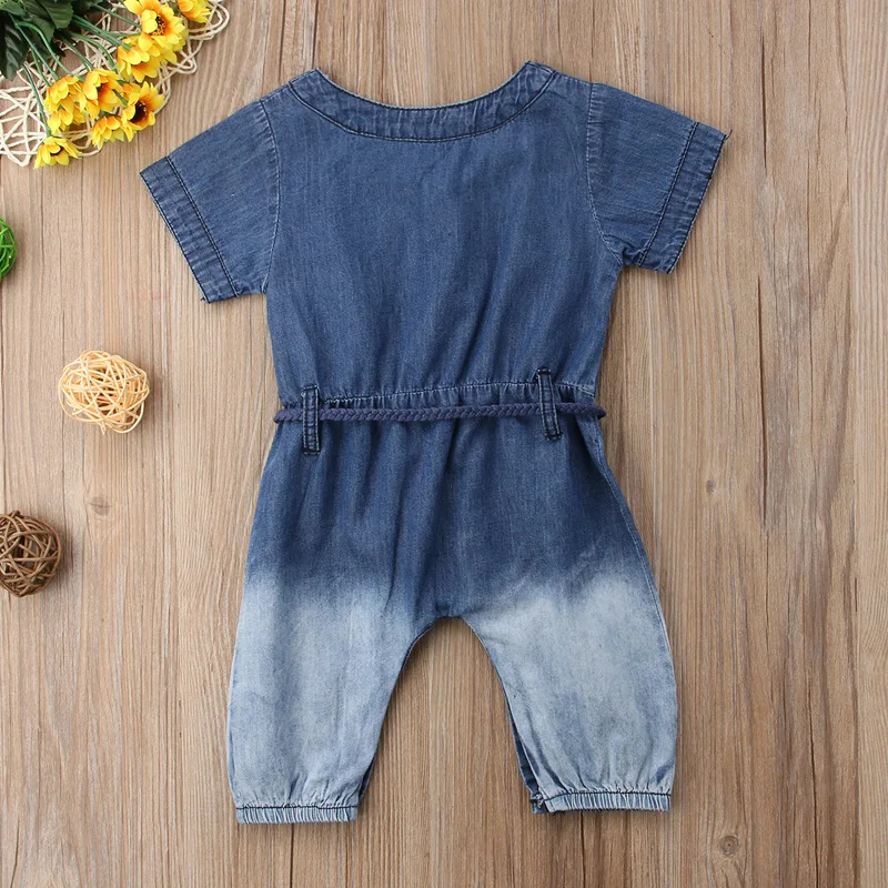 2018 Brand New 0-24M Summer Casual Toddler Baby Girls Boys Denim Romper Short Sleeve Sashes Blue Jumpsuits Clothes | Мать и ребенок