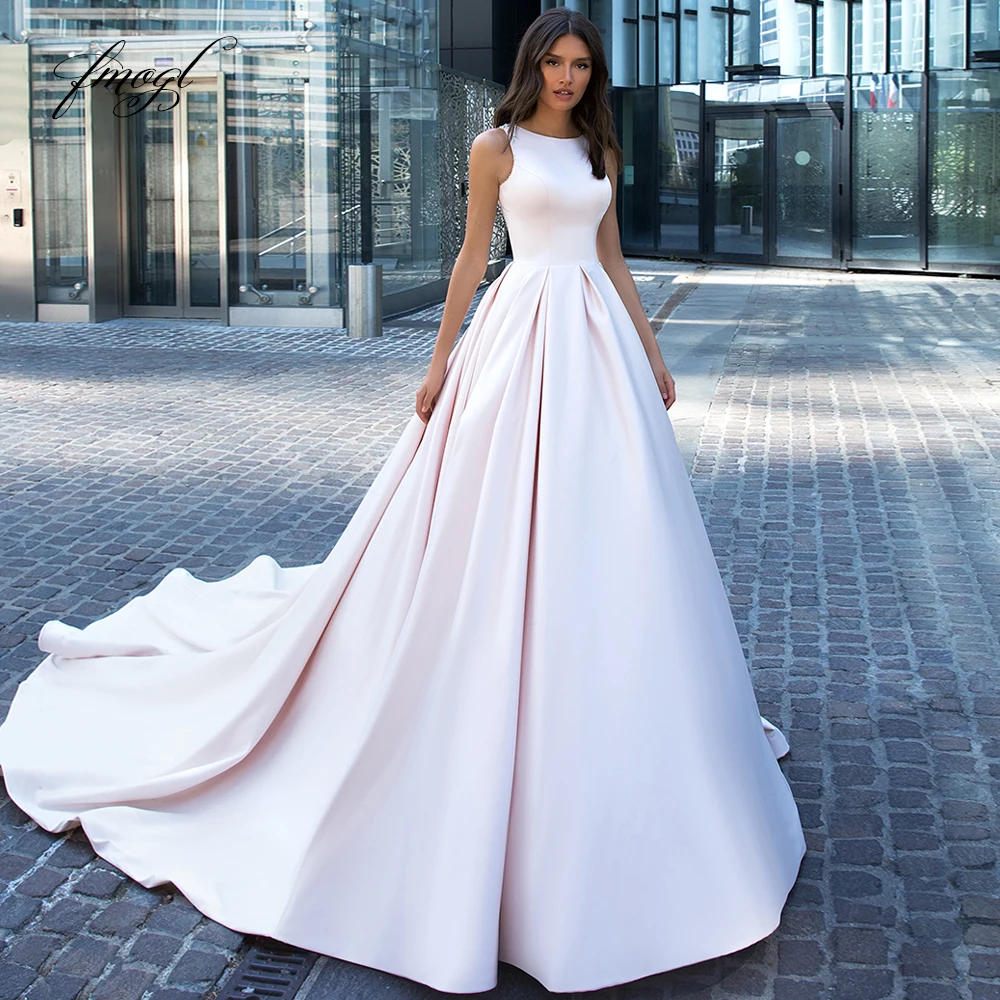 

Fmogl роскошное матовое атласное свадебное платье принцессы с овальным вырезом 2020 элегантные свадебные платья с бисером и шлейфом в винтажно...