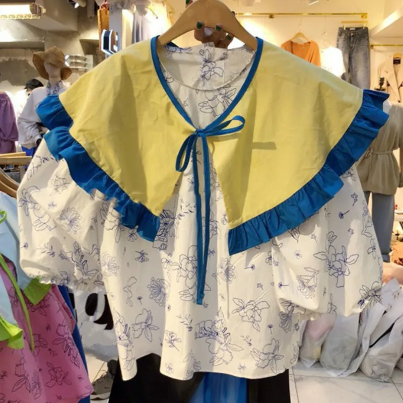 white Neploe Цветочная женская блузка лето Питер Пэн воротник фонарь рукав Blusa Свободные корейские рубашки с завязками 44102 - Цвет: white