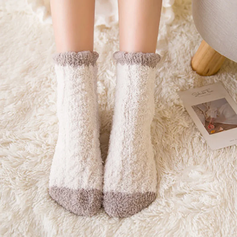 gray white style 1 Утепленные женские кашемировые носки; милые плюшевые теплые домашние носки для сна; забавные женские носки; коралловые пушистые теплые носки для ног; Sokken meias - Цвет: gray white style 1
