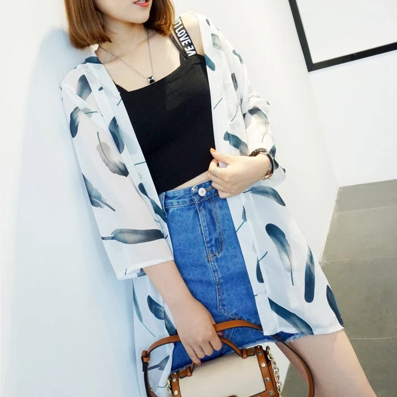 Модная женская рубашка с длинным рукавом Blusas куртка длинная свободная повседневная Sunblock укороченный шифоновый кардиган с принтом кимоно