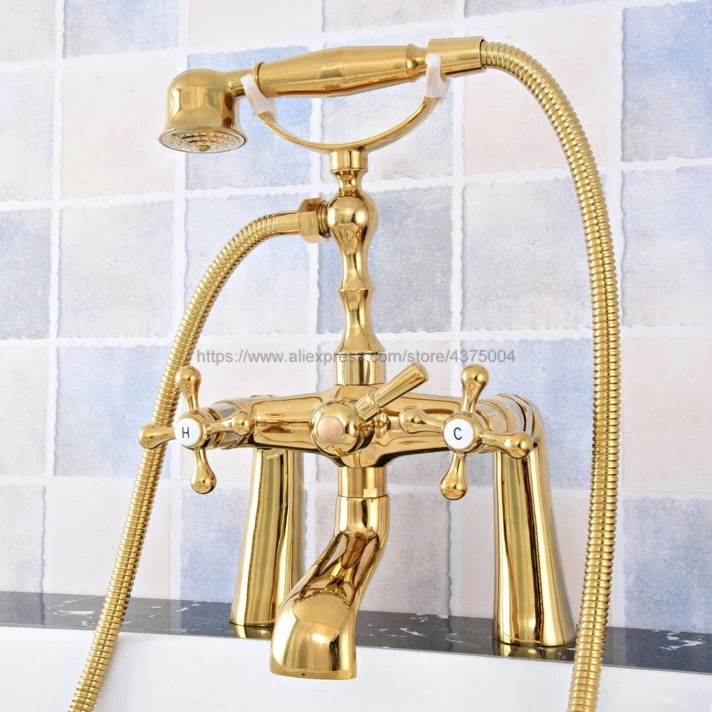 Grifo de latón montado en cubierta para bañera, grifería de estilo telefónico para ducha de baño, mezclador de agua con ducha de mano, Color dorado, Ntf787