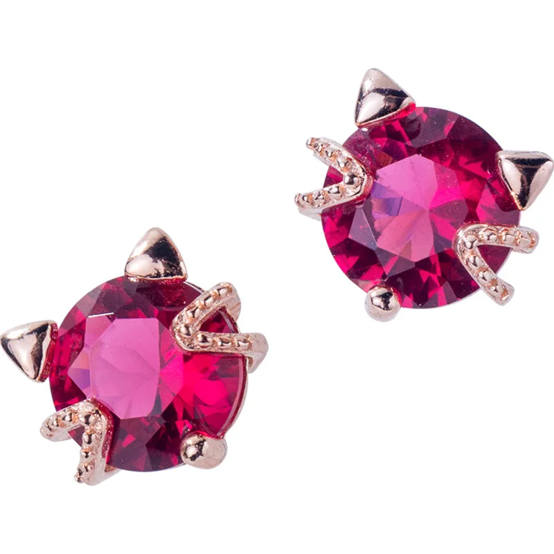 

TOYOOSKY Korea Design Rose Red CZ Crystal Stud Earrings Women 925 Sterling Silver Cute Cat Earrings for Casual Party Jewelry