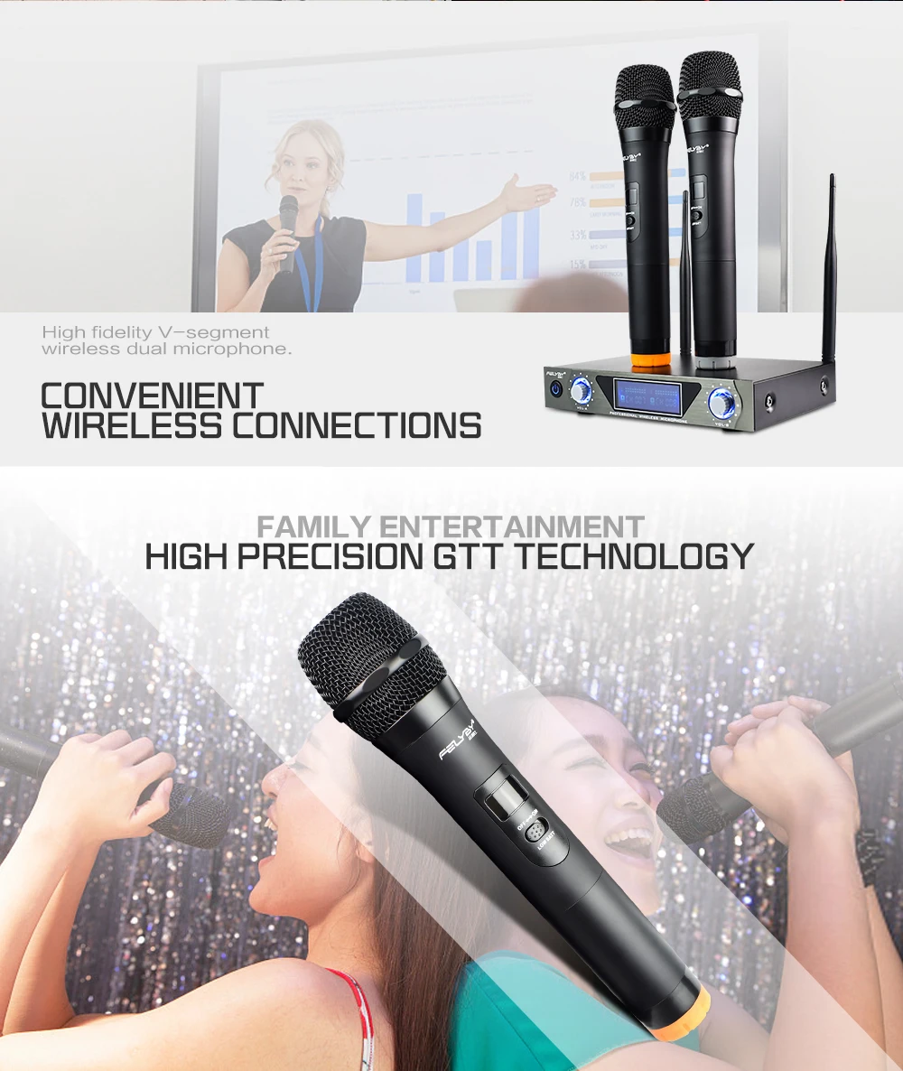 FELYBY VHF портативный беспроводной микрофон системы с двойной ручной динамические микрофоны для караоке вечерние классных встреч