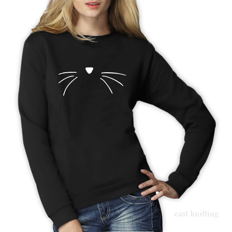WS0156 Women Cute Cat Face Hoodies Round Neck Casual Print Sweatshirts | Женская одежда