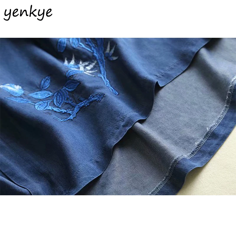 Летнее платье 2019 женское джинсовое с цветочной вышивкой Повседневное круглым