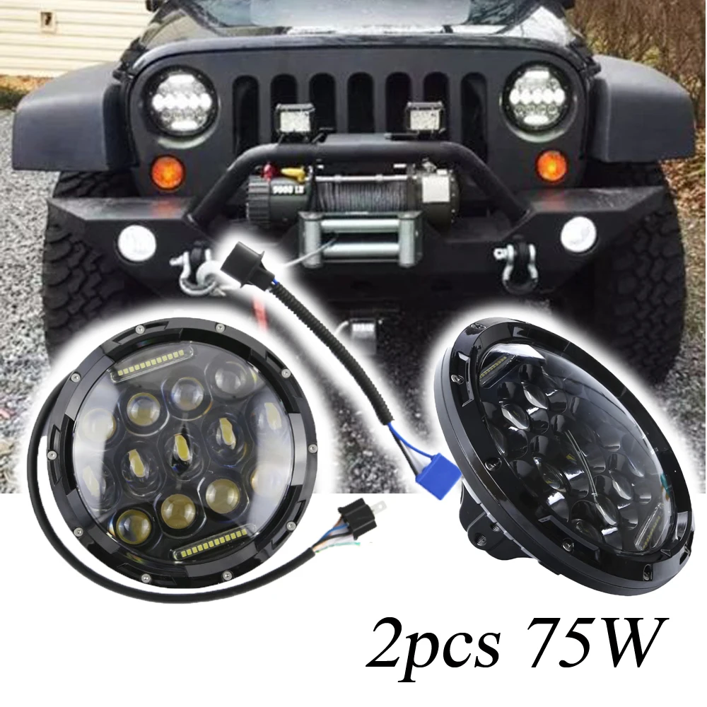 

WHDZ For Jeep Wrangler Led Headlight 7inch 75W Round High Low Beam Lights H4 H13 Adapter Headlamp For Off Road 4x4 Motorcycles