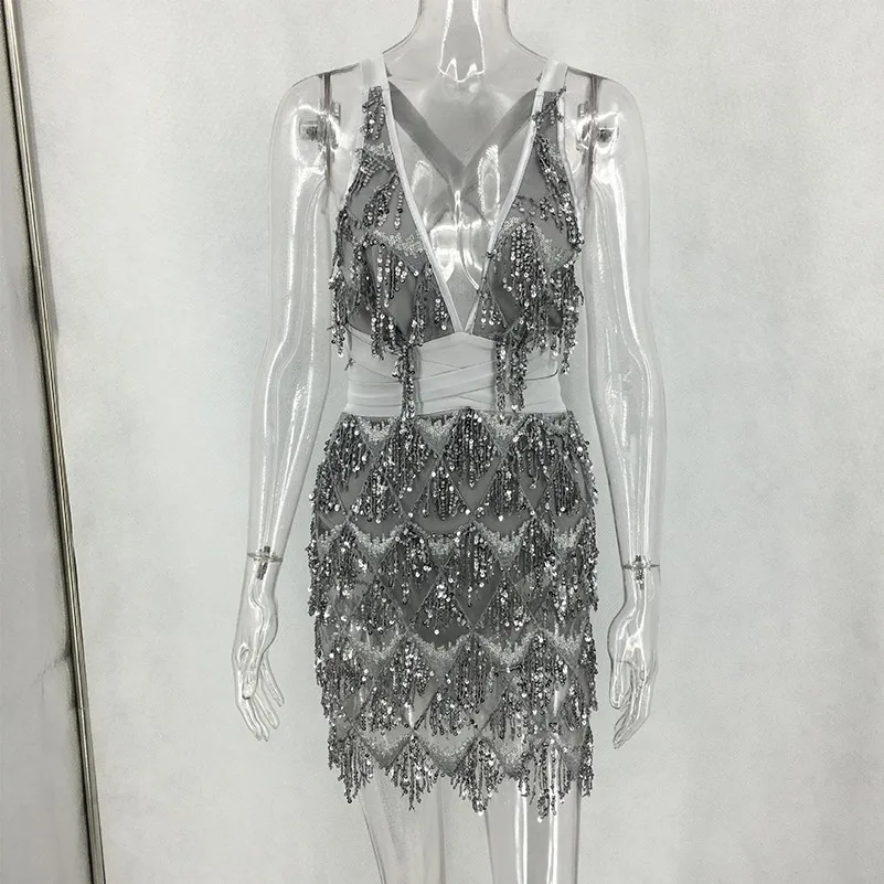 Серебряное платье с блестками блестящая мини женская одежда vestido бахрома