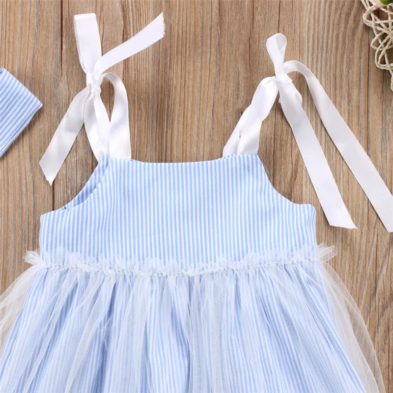 Hot Kids Baby Girls Blue Striped Strap Dress Lace Tulle Princess Summer Mesh Dresses Sundress Outfit Clothes 6M-4Y | Детская одежда и
