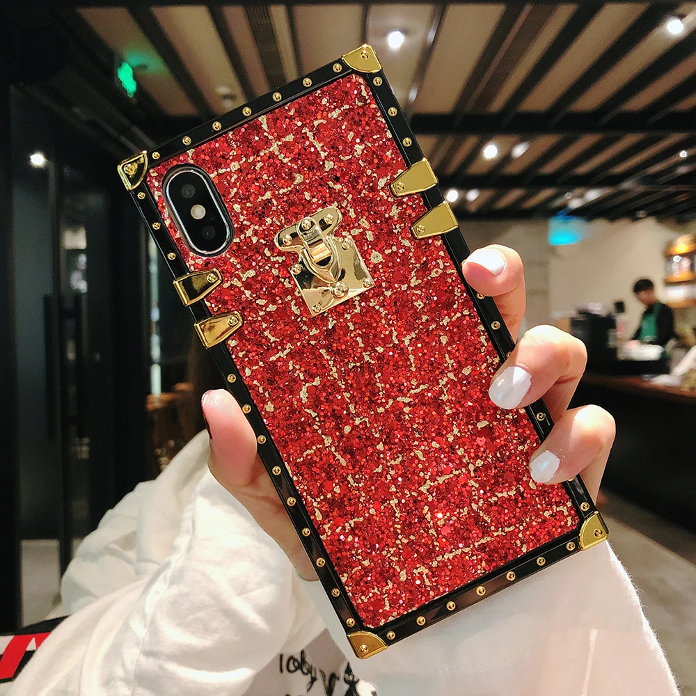 Блестящие металлические квадратные чехлы для iPhone 8 7 6 6s Plus X XR XS Max клетчатая блестящая пудра для Samsung Galaxy S8 S9 Plus Note 8 9 чехол - Цвет: Красный