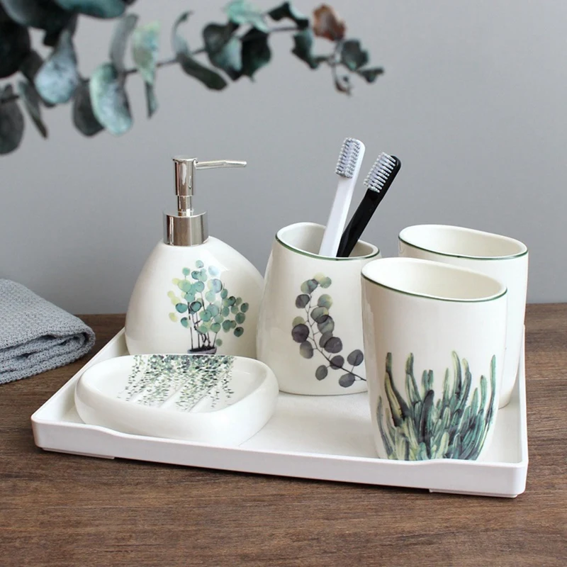 Нордическое зеленое растение керамические изделия для ванной комнаты из шести