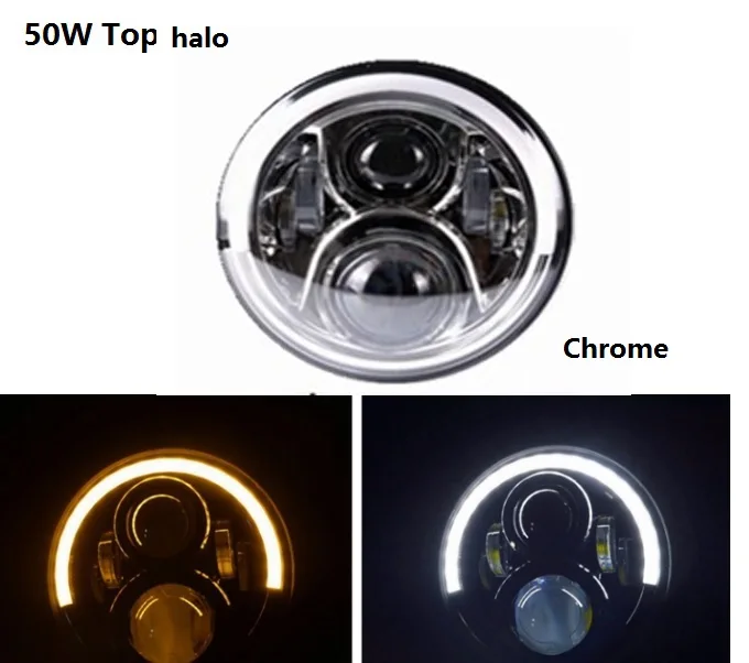 1pcs 50W top chrome Автомобильный светильник 7 дюймов головной светильник w/дневные ходовые огни для Jeep JK Lada 4x4 для suzuki samurai мотоцикл " Halo DRL светодиодный налобный фонарь - Цвет: 1pcs 50W top chrome