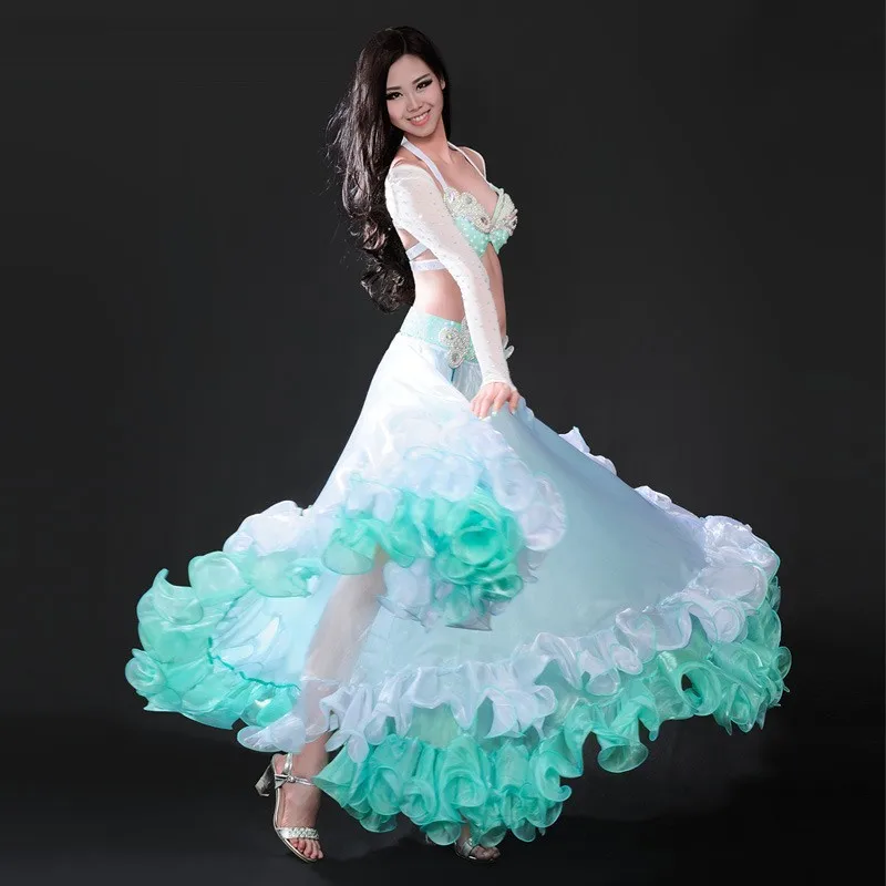 Танец живота одежда Профессиональный Bellydance платье представление костюм сексуальный один разрез: бюстгальтер и пояс и юбка и рукав 4 шт. комплект