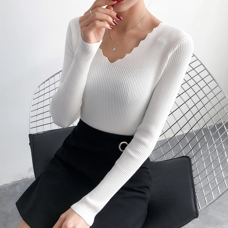 Women Autumn Winter Knitted Sweaters and Pullovers Sexy V Neck Long Sleeve Slim Pull Femme Knitting Tops Streetwear | Женская одежда