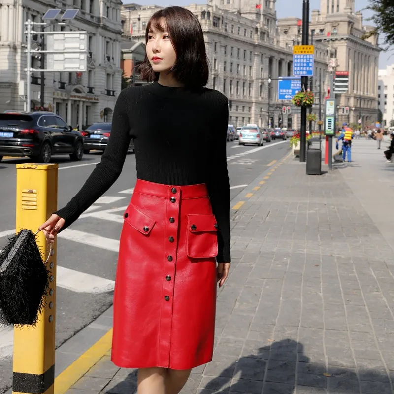 Top Quality Genuine Leather Womens Knee Length Skirts High Waist Single Breasted Pockets Office Ladies Sheepskin A-Line Skirts