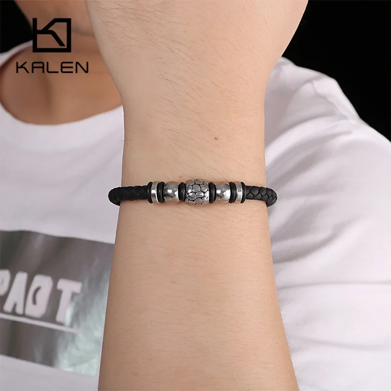 KALEN Boho Genuine Braied Leather Wrap Bracelet Men 21.5cm Stainless Steel Gold Black Beads Charm Wristband Male Jewelry | Украшения и