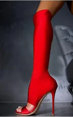

2017 New Summer Women Sexy Red Black Blue Gray Peep Toe Elastic Fabric Thin Heels High Heel Knee High Boots Big Size 34-42