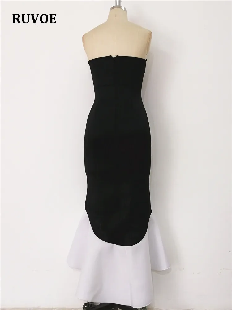 

High Quality Long Party Dress Sexy Ruffle Patchwork Black White Tight Elegant Celebrate Dinner Evening Maxi Bodycon Robe EN-046