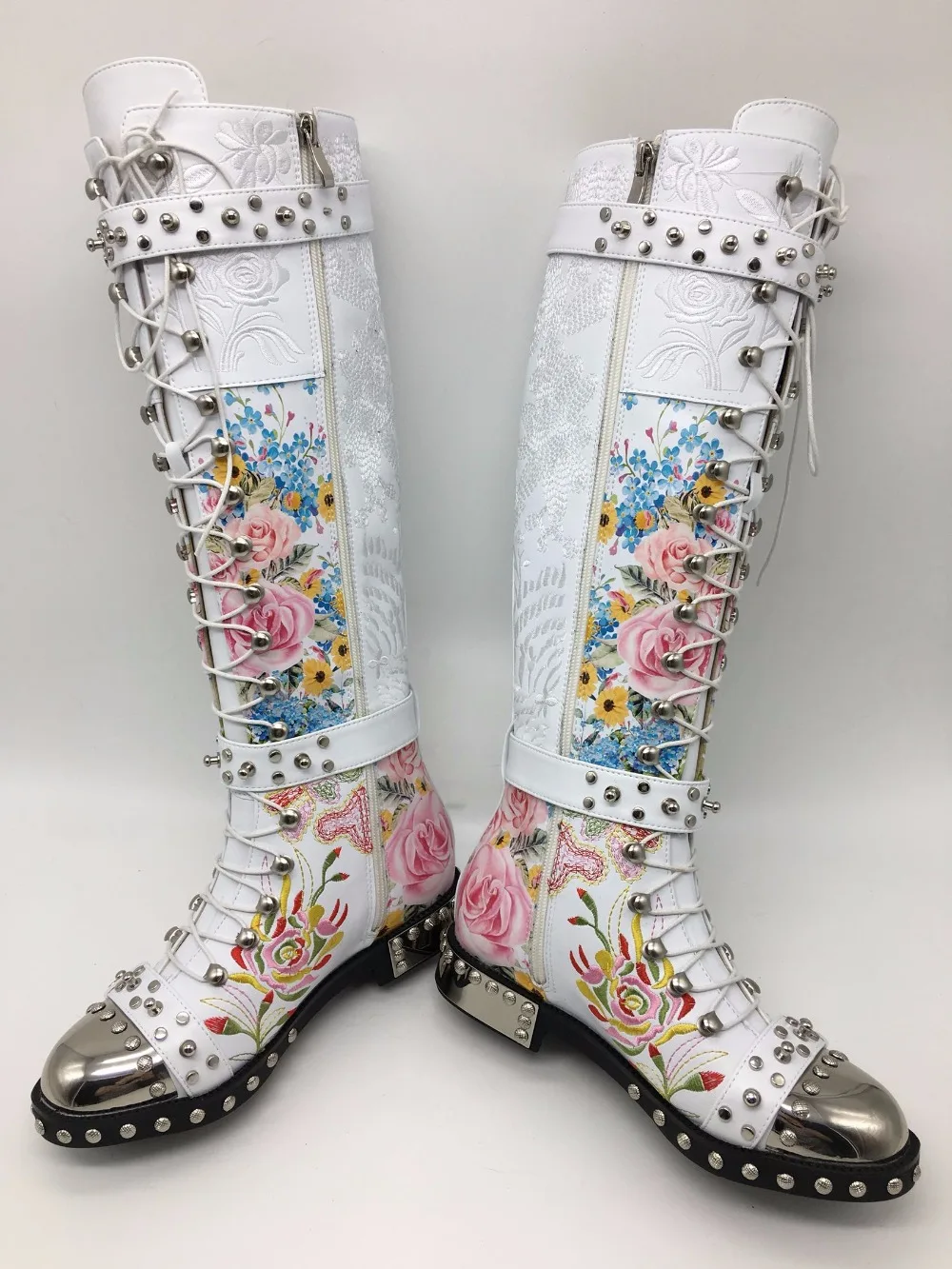 

Sestito Woman Cool 3 Bands Side Zipper Round Toe Knight Boots With Rivets Female Embroidery Flower Print Casual Knee High Boots