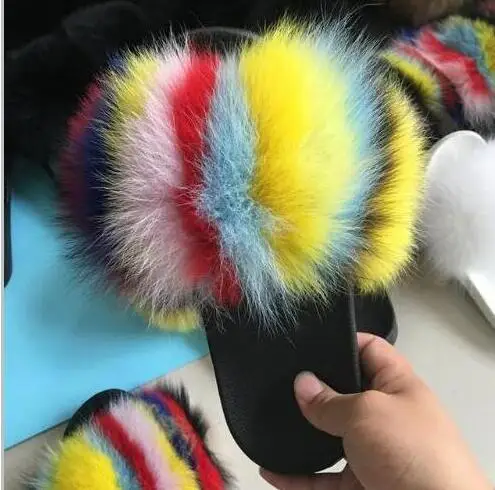 as picture shows Г., модные женские тапочки с толстым мехом милые меховые Шлепанцы из натурального Лисьего меха пушистые красочные пляжные вьетнамки портативная обувь для путешествий - Цвет: as picture shows