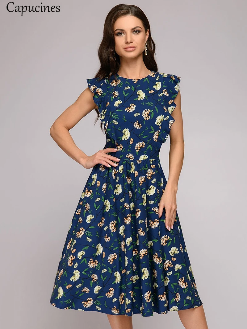 Capucines Summer Boho Floral Print Ruffle Trim A-Line Dress Women Cap Sleeve O-Neck Casual Dress Ladies Office Work Wear