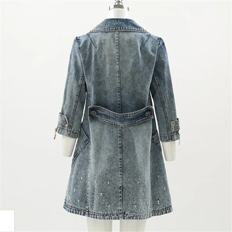 

Korean Denim coat 2019 spring new long trench coat women loose plus size 3/4 sleeve casual female Windbreaker Outerwear p1027