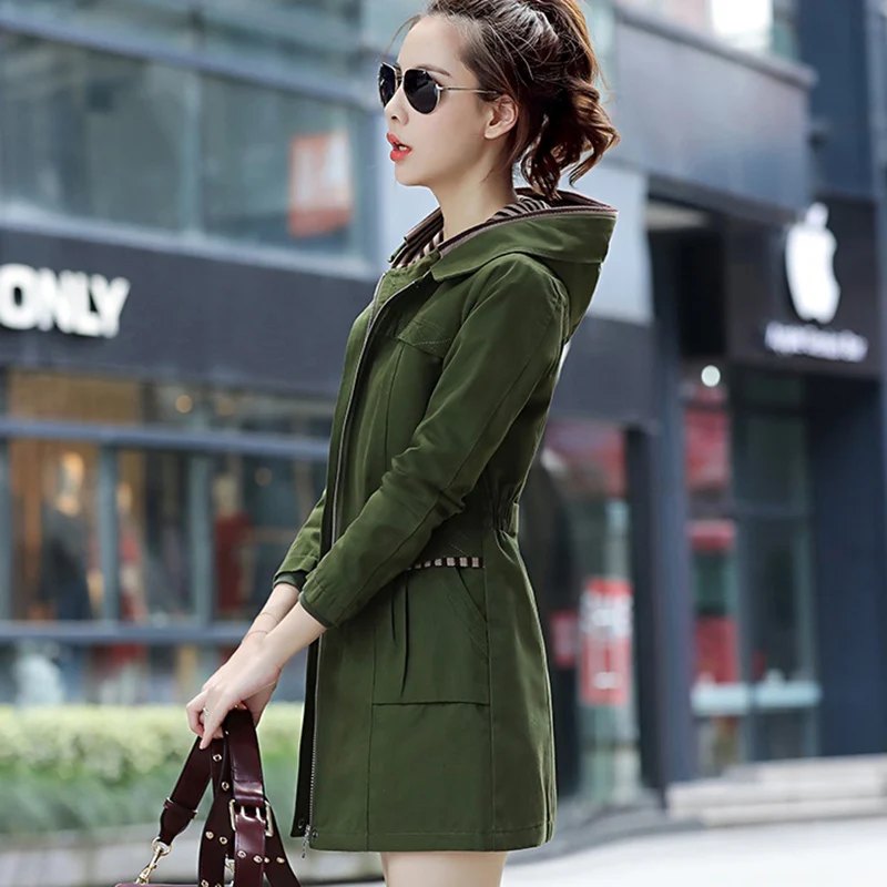 Ветровка женская средней длины модная верхняя одежда с капюшоном пальто большой