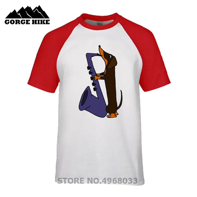 2019 Men's Funny New Arrivals Dachshund Dog T-shirts Playing Blue Saxophone Design T Shirt Cool Summer Tops Short Sleeve Unisex | Мужская