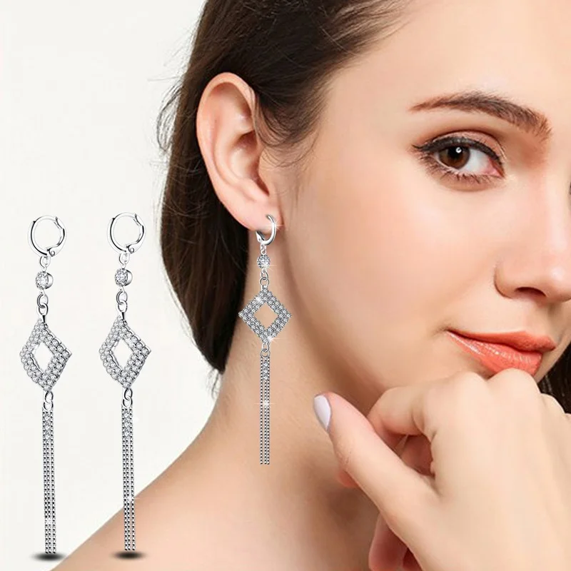 

OMHXZJ Wholesale Personality Fashion OL Woman Girl Party Wedding White Square Long Tassel 30%Sterling Silver Earrings YE305