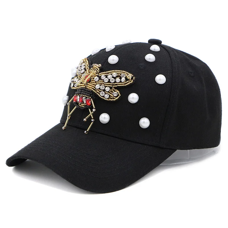GZHilovingL дизайн женские шляпы со стразами с пчелами бейсбол Snapback кепки в стиле хип-хоп Регулируемая для девочек весенняя шапка с жемчужинками - Цвет: Black