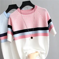 shintimes plaid t shirt with stripes women tshirt knitted cotton 2021 summer %e2%80%8btops korean t shirt woman clothes tee shirt femme
