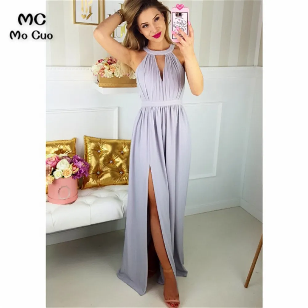 Женское длинное вечернее платье шифоновое плиссированное на молнии спереди с